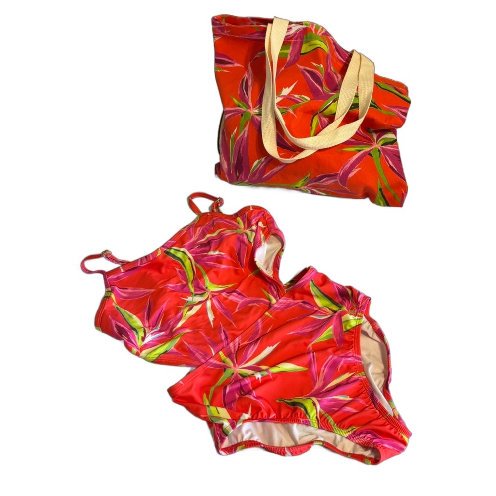 Old Navy Orange Floral Swimsuit with Matching Tote. Girls Size XL - 14/16.